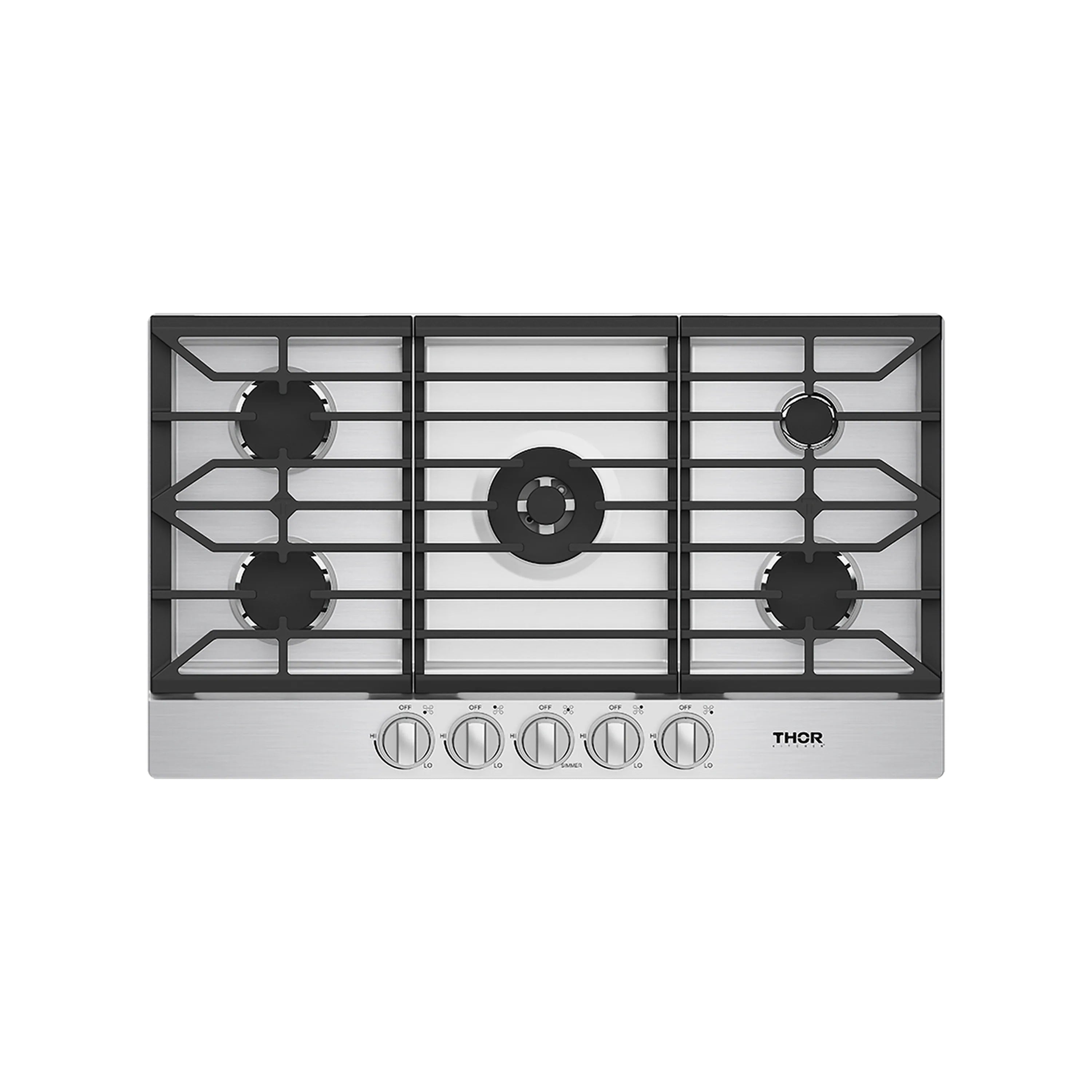 Stainless steel gas cooktop with black burner grates and front control knobs