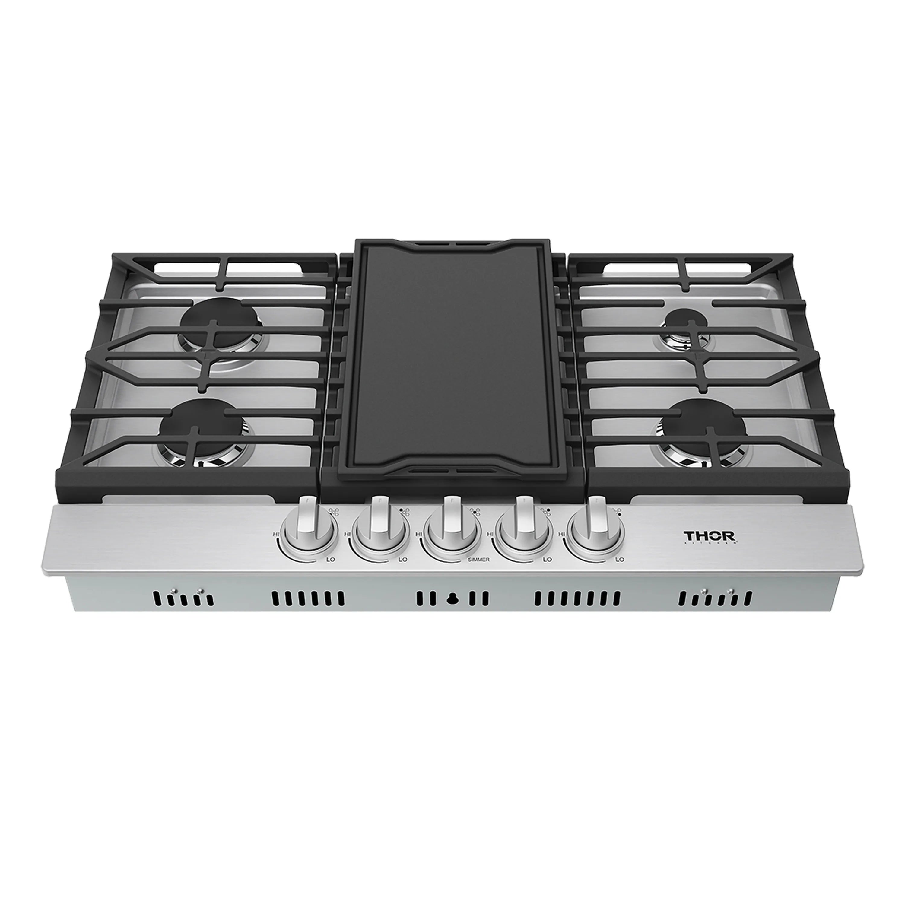 Stainless steel gas cooktop with black grates and control knobs beneath a central griddle