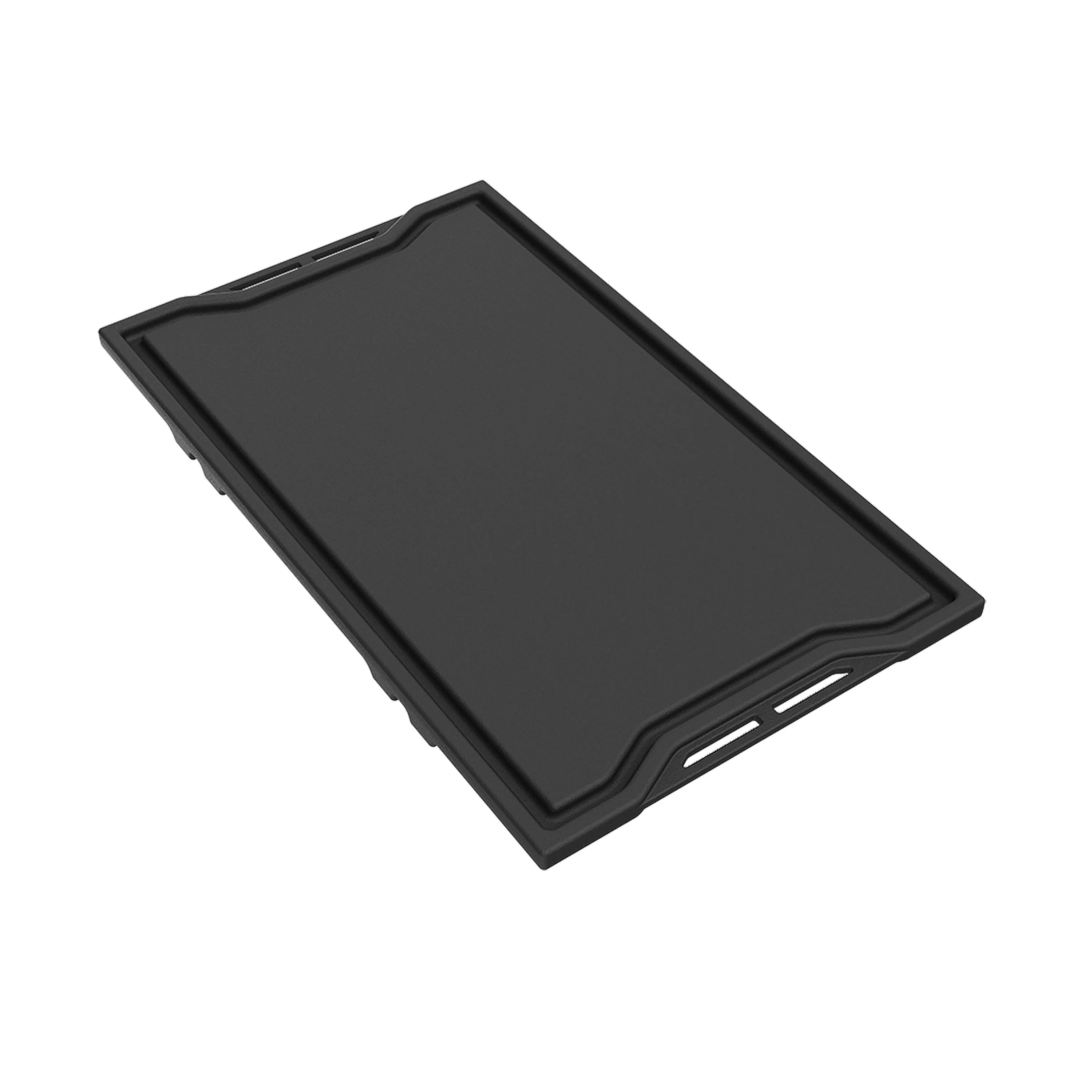 Black rectangular griddle plate for a gas cooktop, with raised edges