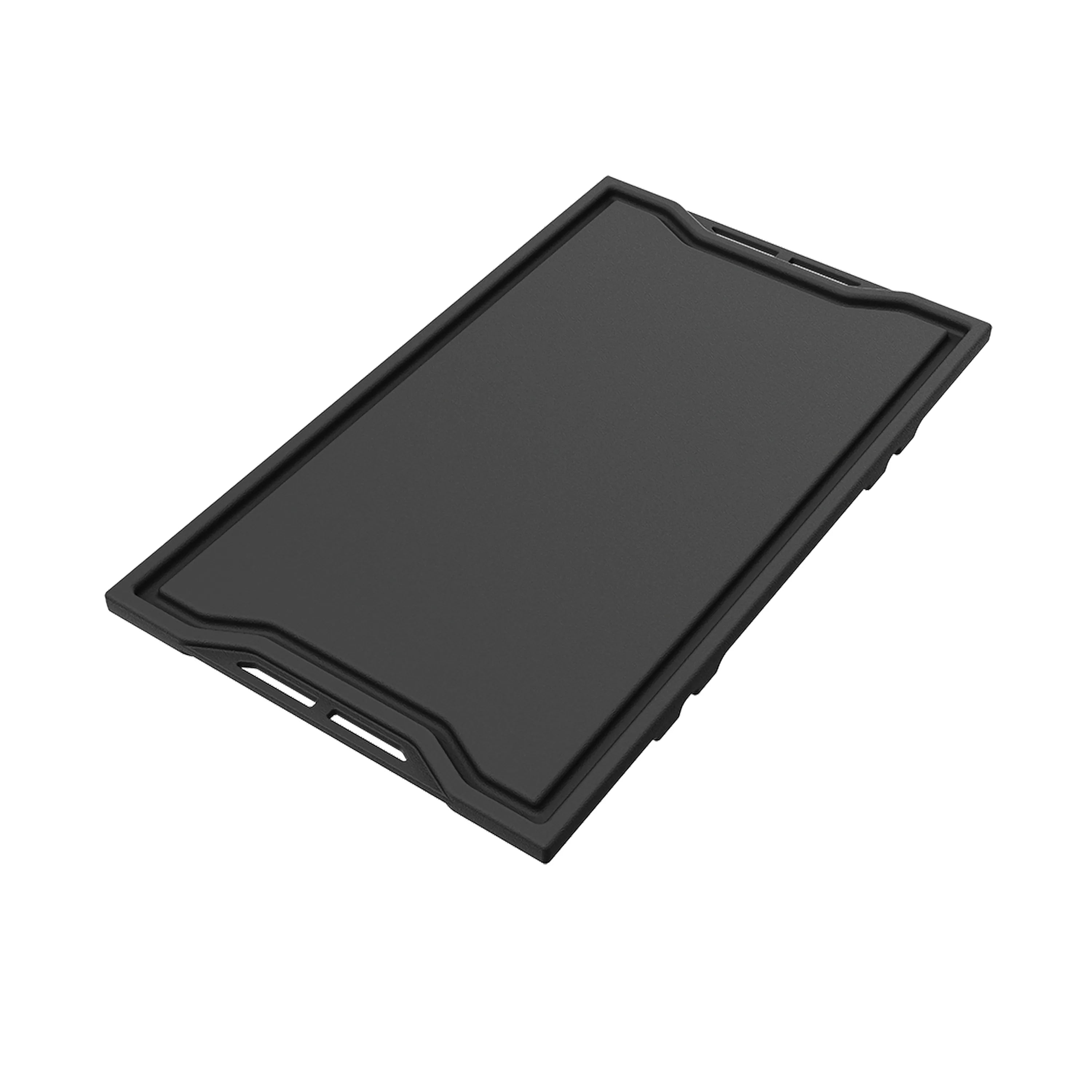 Black griddle plate for a gas cooktop with side grip cutouts and beveled rim