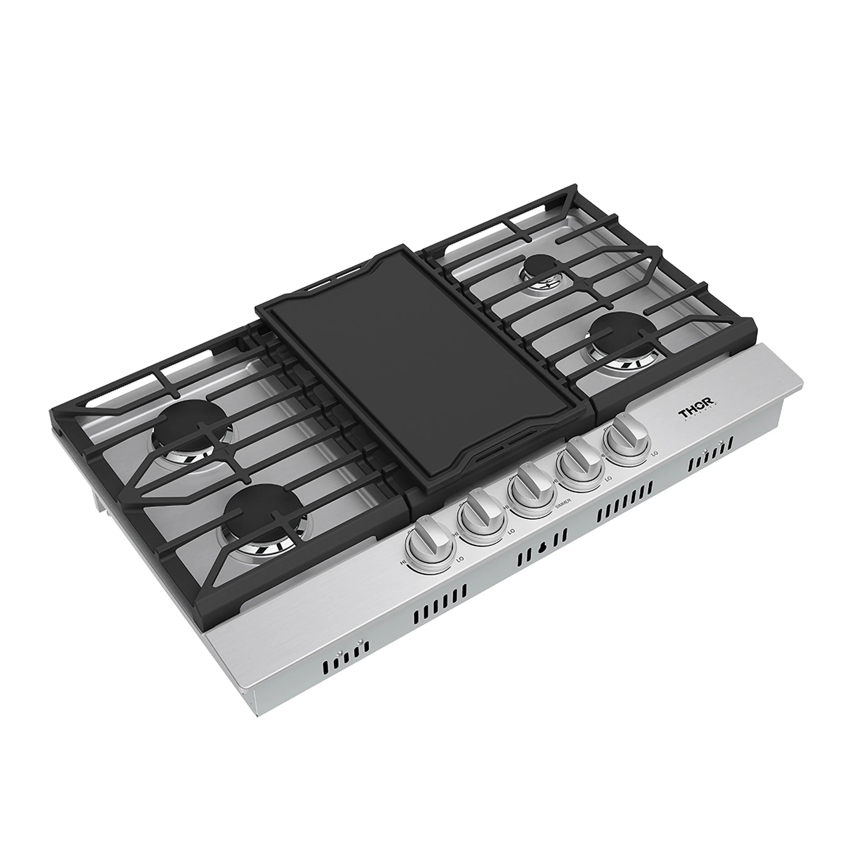 Stainless steel gas cooktop with open grates and a black griddle in the center