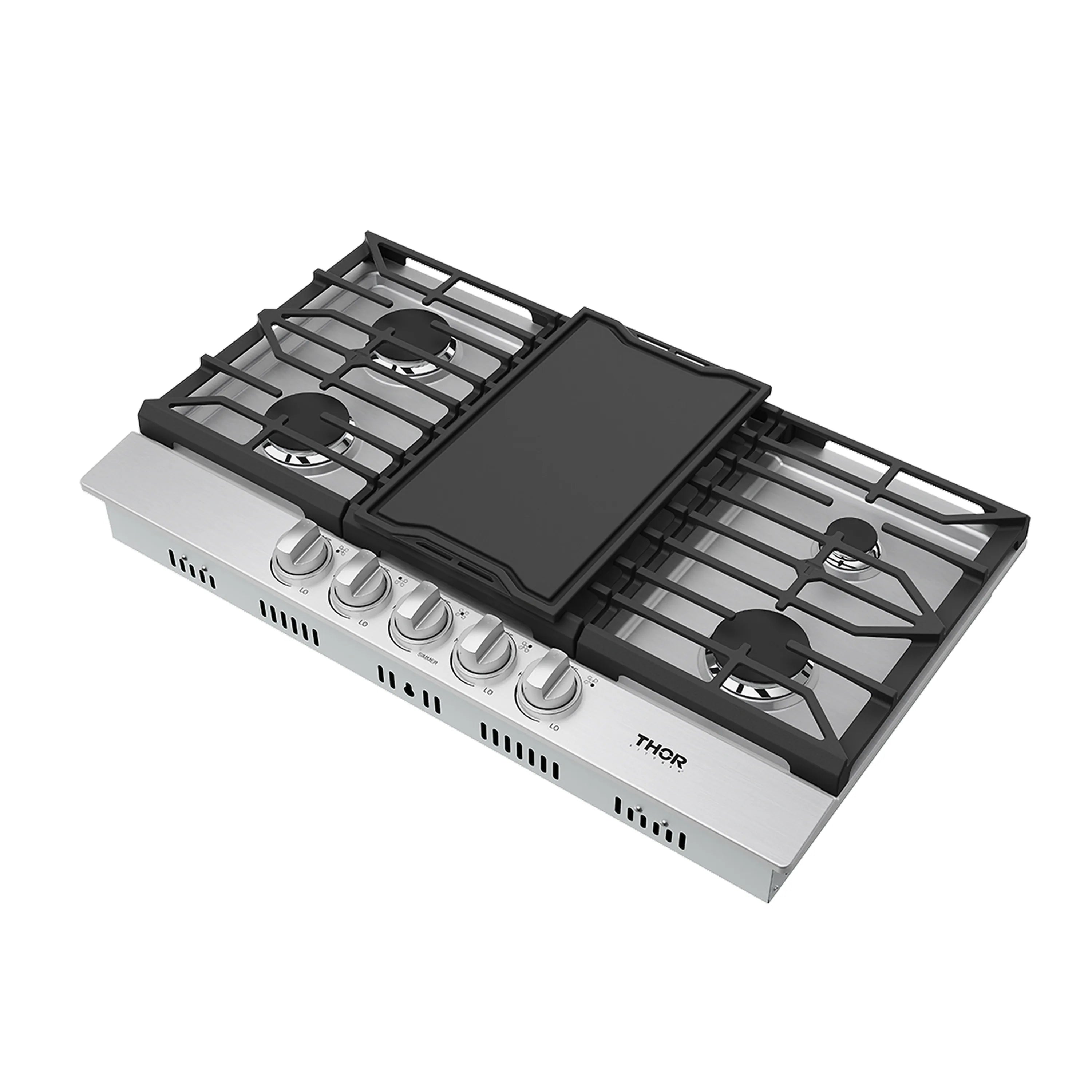 Stainless steel gas cooktop with grates, black griddle plate, and control knobs