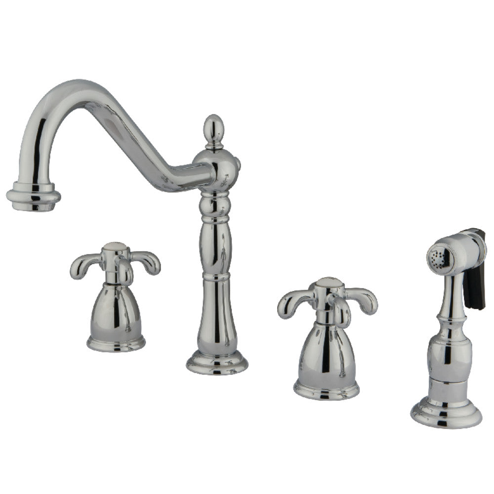 Polished chrome widespread kitchen faucet with two cross handles and pull-out sprayer