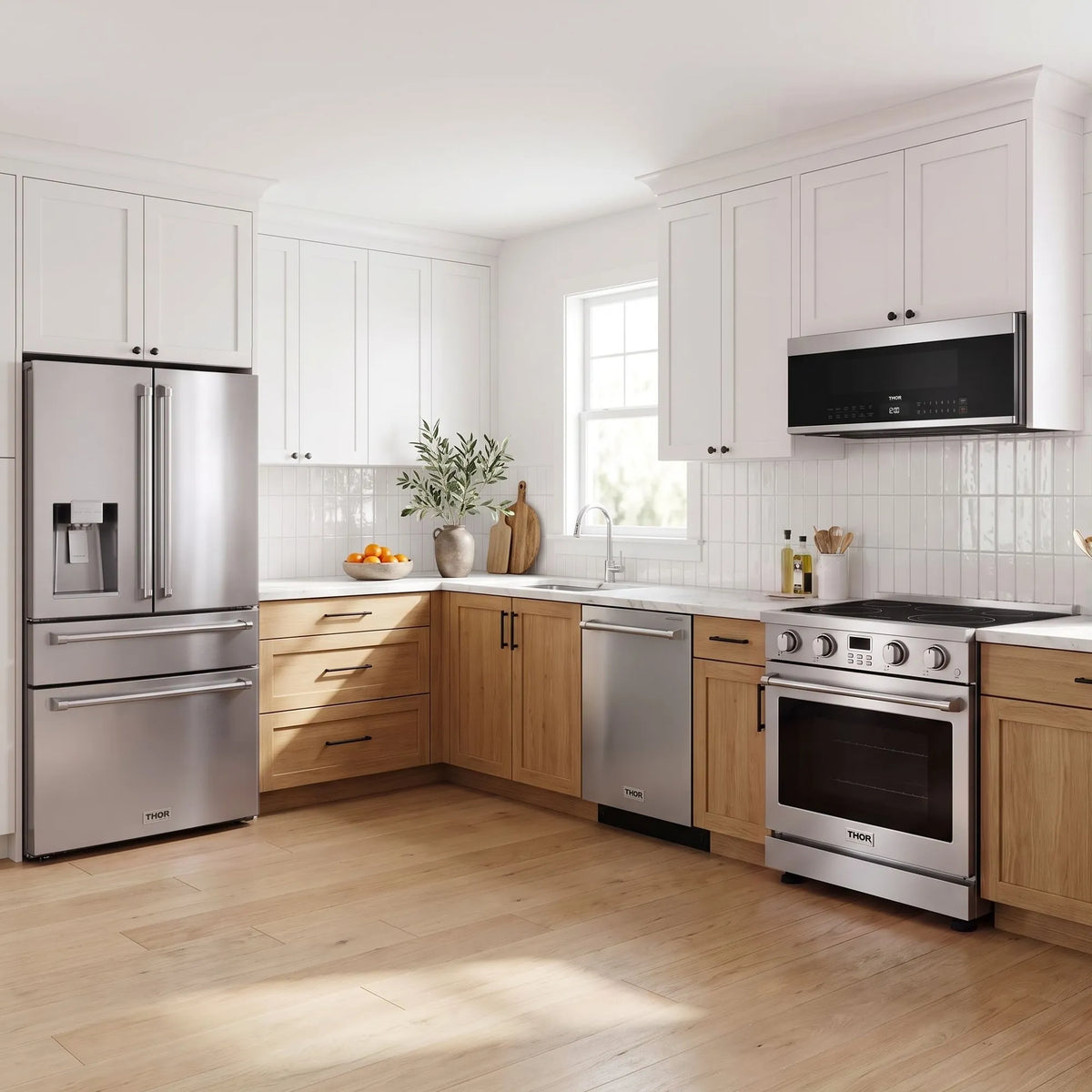 Thor Kitchen A-Series stainless steel kitchen with a 30-inch electric range, over-the-range microwave, French door refrigerator, dishwasher
