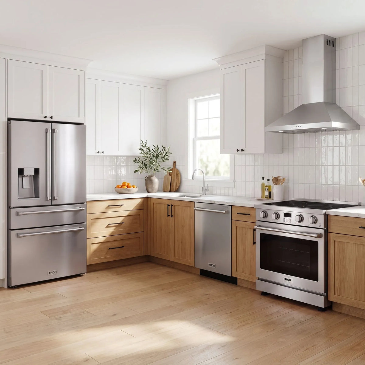 Thor Kitchen A-Series stainless steel kitchen with a 30-inch electric range, wall-mount chimney hood, French door refrigerator, dishwasher