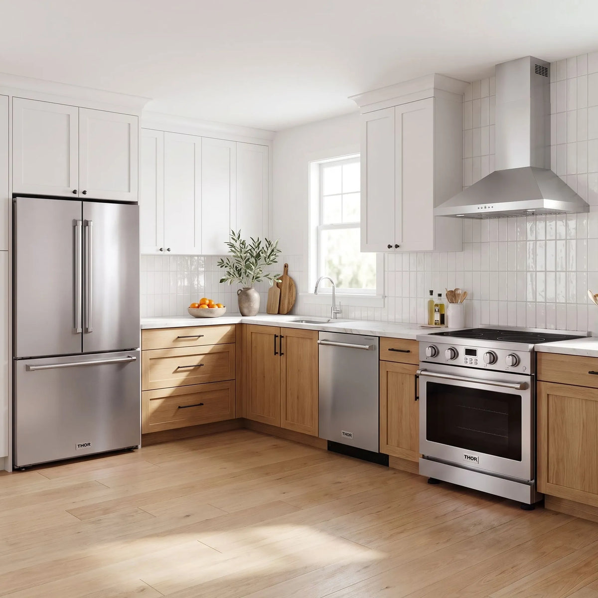 Thor Kitchen A-Series stainless steel kitchen with a 30-inch electric range, wall-mount chimney hood, French door refrigerator, dishwasher