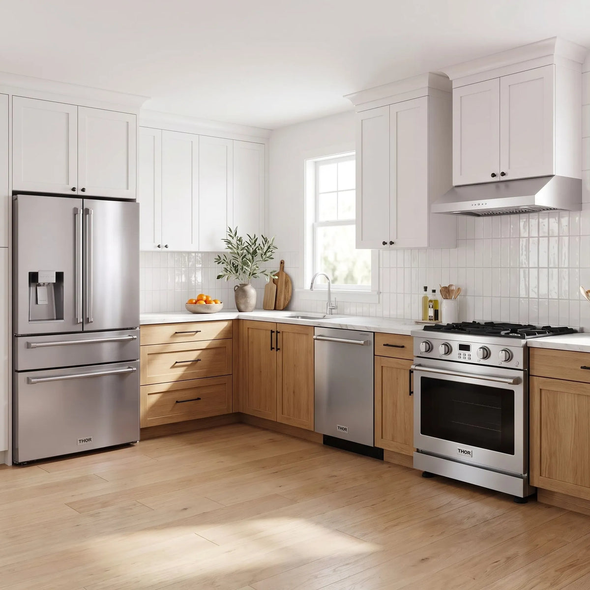 Thor Kitchen A-Series stainless steel kitchen with a 30-inch gas range, under-cabinet hood, French door refrigerator, dishwasher