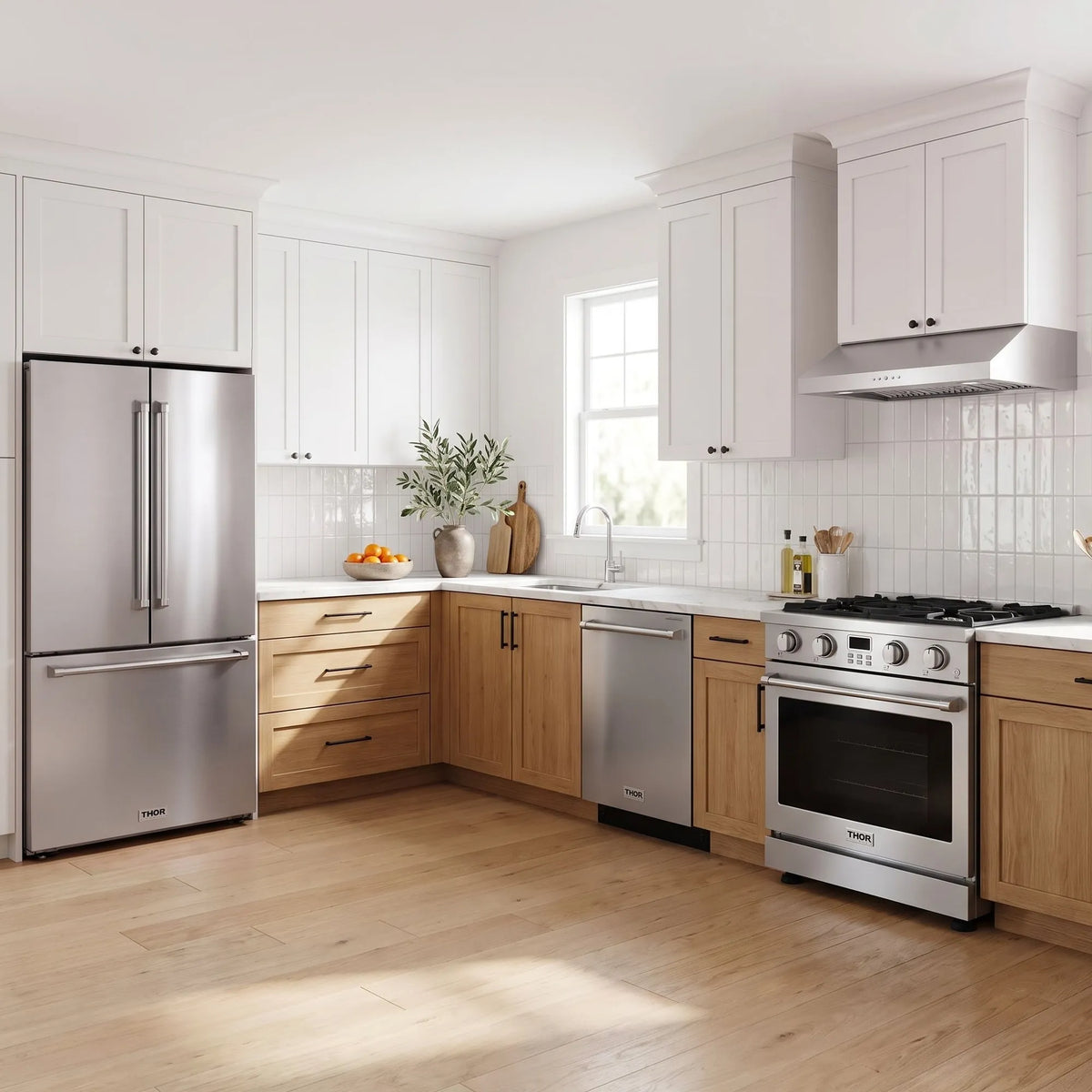 Thor Kitchen A-Series stainless steel kitchen with a 30-inch gas range, under-cabinet hood, French door refrigerator, dishwasher