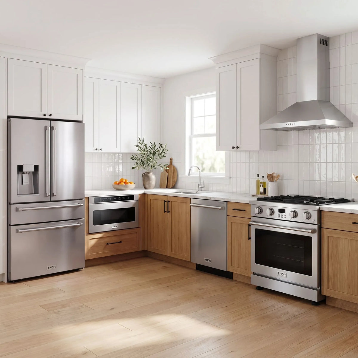Thor Kitchen A-Series stainless steel kitchen with a 30-inch gas range, wall-mount chimney hood, French door refrigerator, dishwasher and microwave drawer