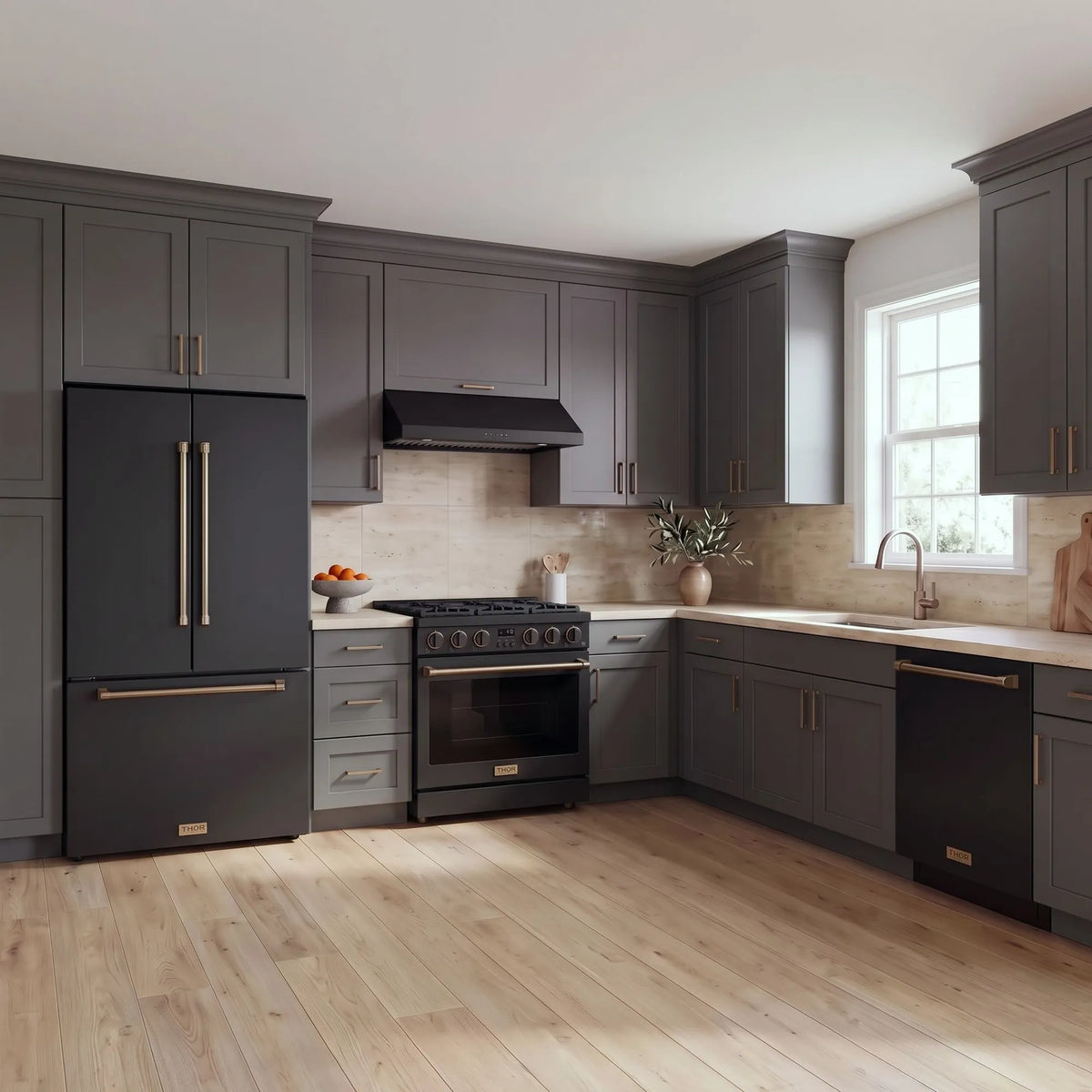 Thor Kitchen A-Series black and bronze kitchen with a 36-inch gas range, under-cabinet hood, French door refrigerator, dishwasher