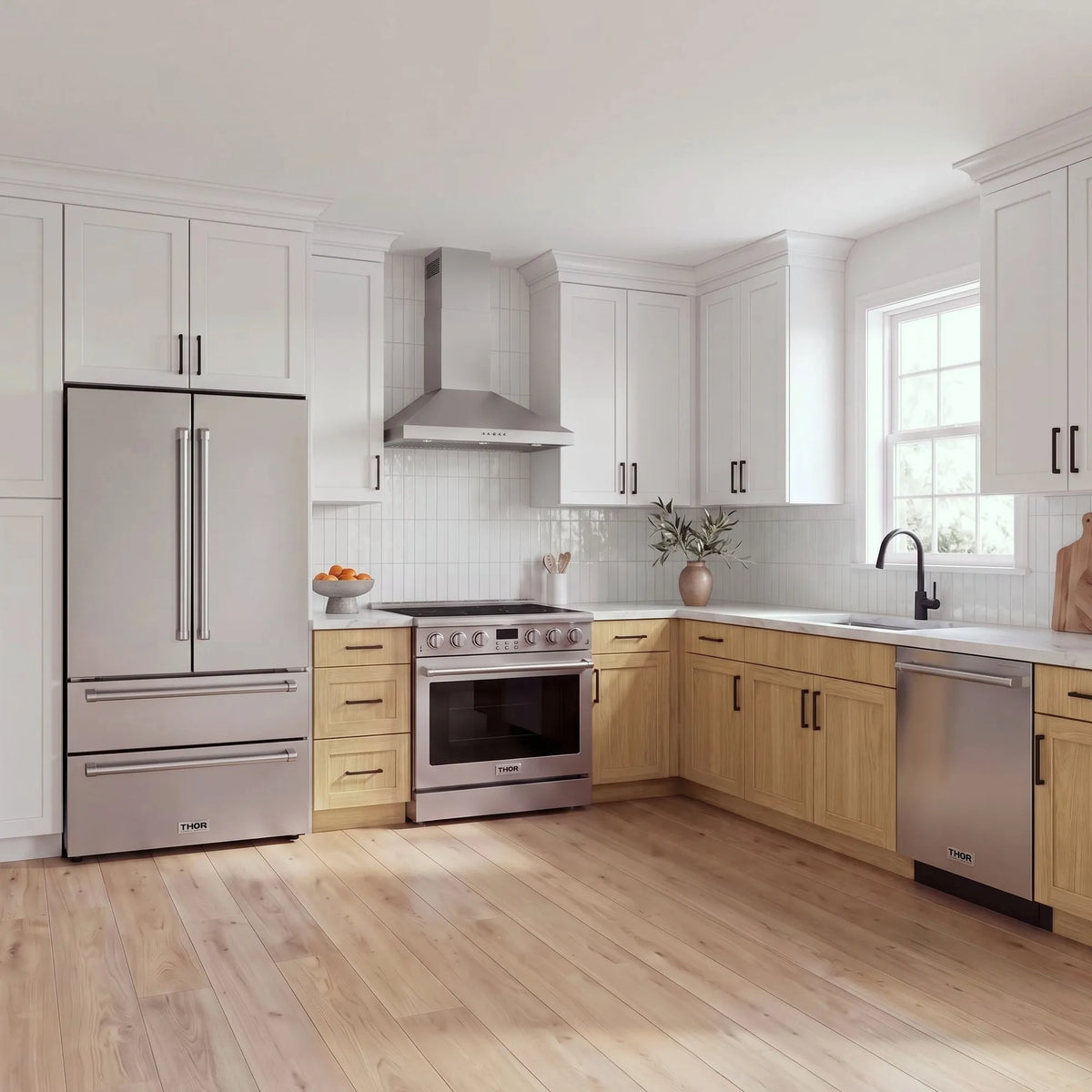 Thor Kitchen A-Series stainless steel kitchen with a 36-inch electric range, wall-mount chimney hood, French door refrigerator, dishwasher