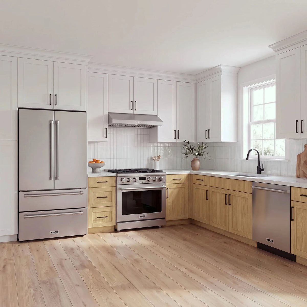 Thor Kitchen A-Series stainless steel kitchen with a 36-inch gas range, under-cabinet hood, French door refrigerator, dishwasher