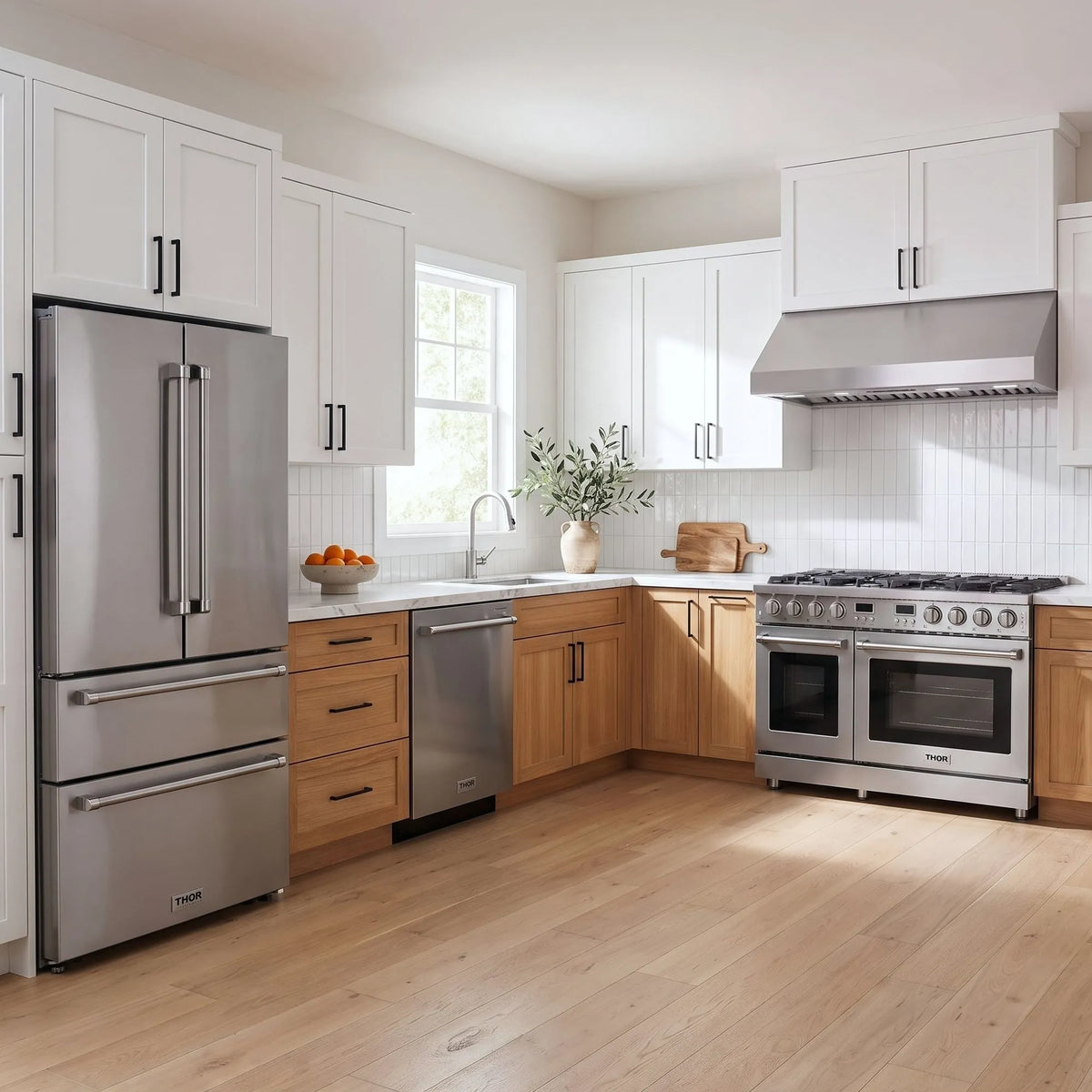 Thor Kitchen A-Series stainless steel kitchen with a 48-inch gas range, under-cabinet hood, French door refrigerator, dishwasher