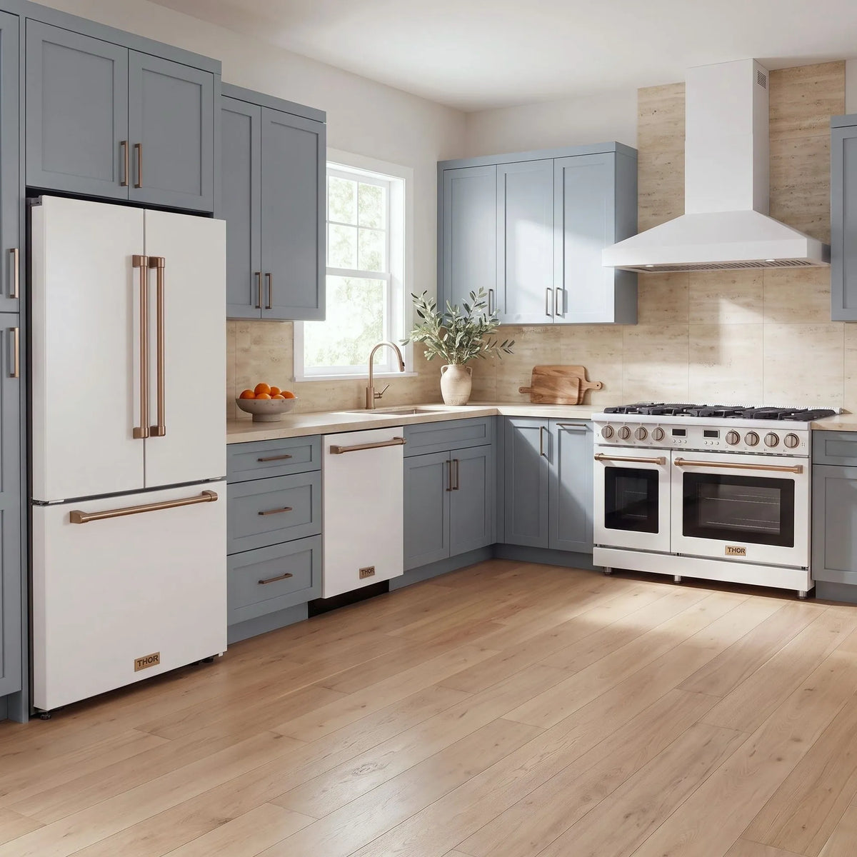 Thor Kitchen A-Series white and bronze kitchen with a 48-inch gas range, wall-mount chimney hood, French door refrigerator, dishwasher