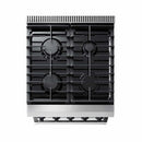 Natural gas cooktop with four black grates and burner caps