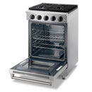 Stainless steel oven with open door showing wire racks and bake tray
