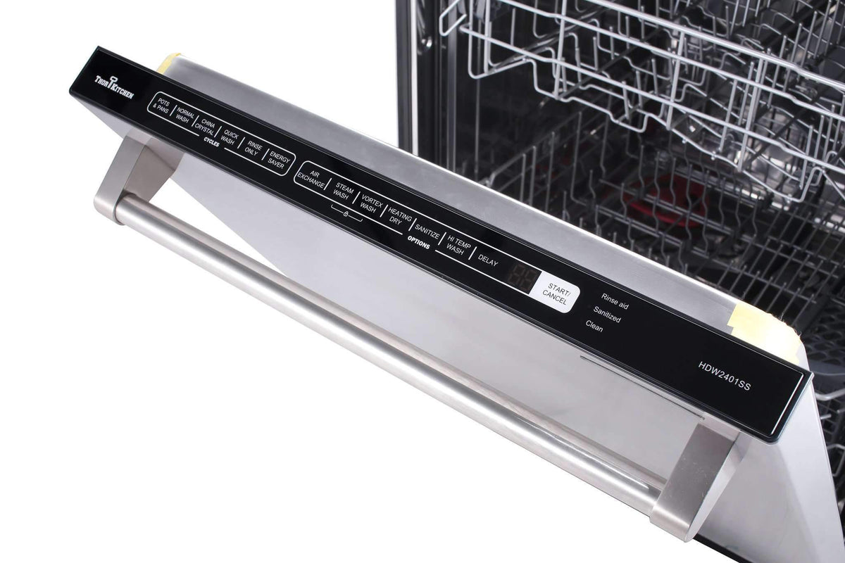 Stainless steel dishwasher door control panel with black button strip and display