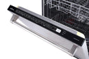 Stainless dishwasher control panel on open door with illuminated display