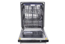 Open stainless dishwasher tub with upper and lower racks, front view.