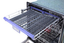 Open dishwasher with loaded wire rack and rows of tines for dishes