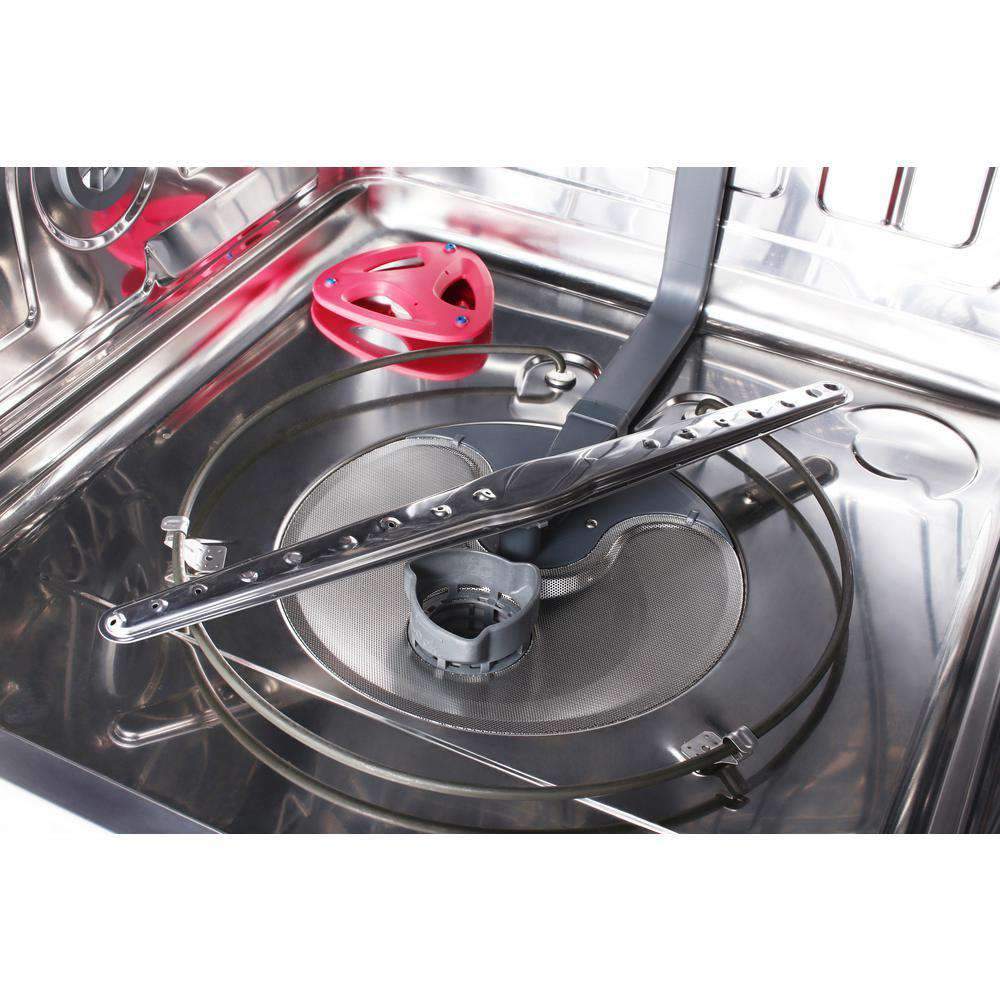 Dishwasher wash chamber with stainless racks, spray arm, and central wash parts