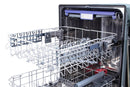 Dishwasher with front rack extended, open door and stainless wash chamber