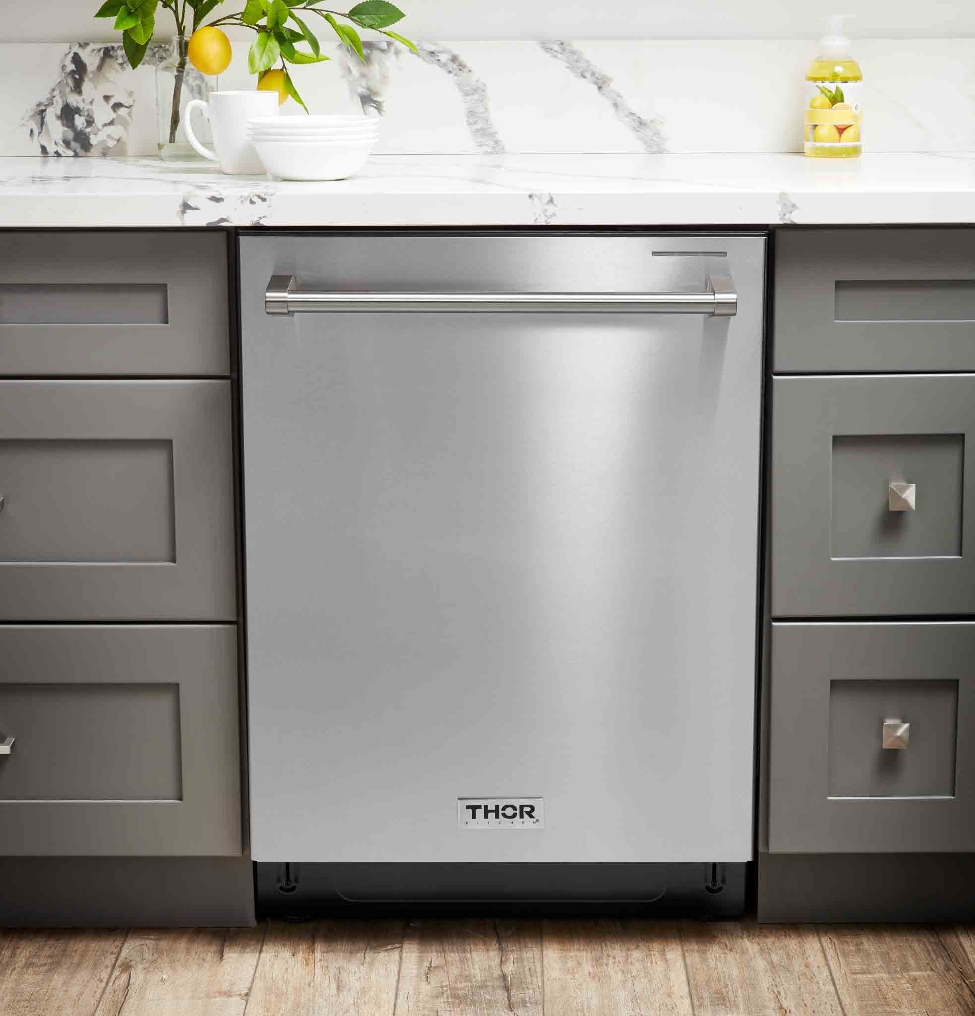 Stainless steel built-in top control dishwasher, closed door with front THOR logo