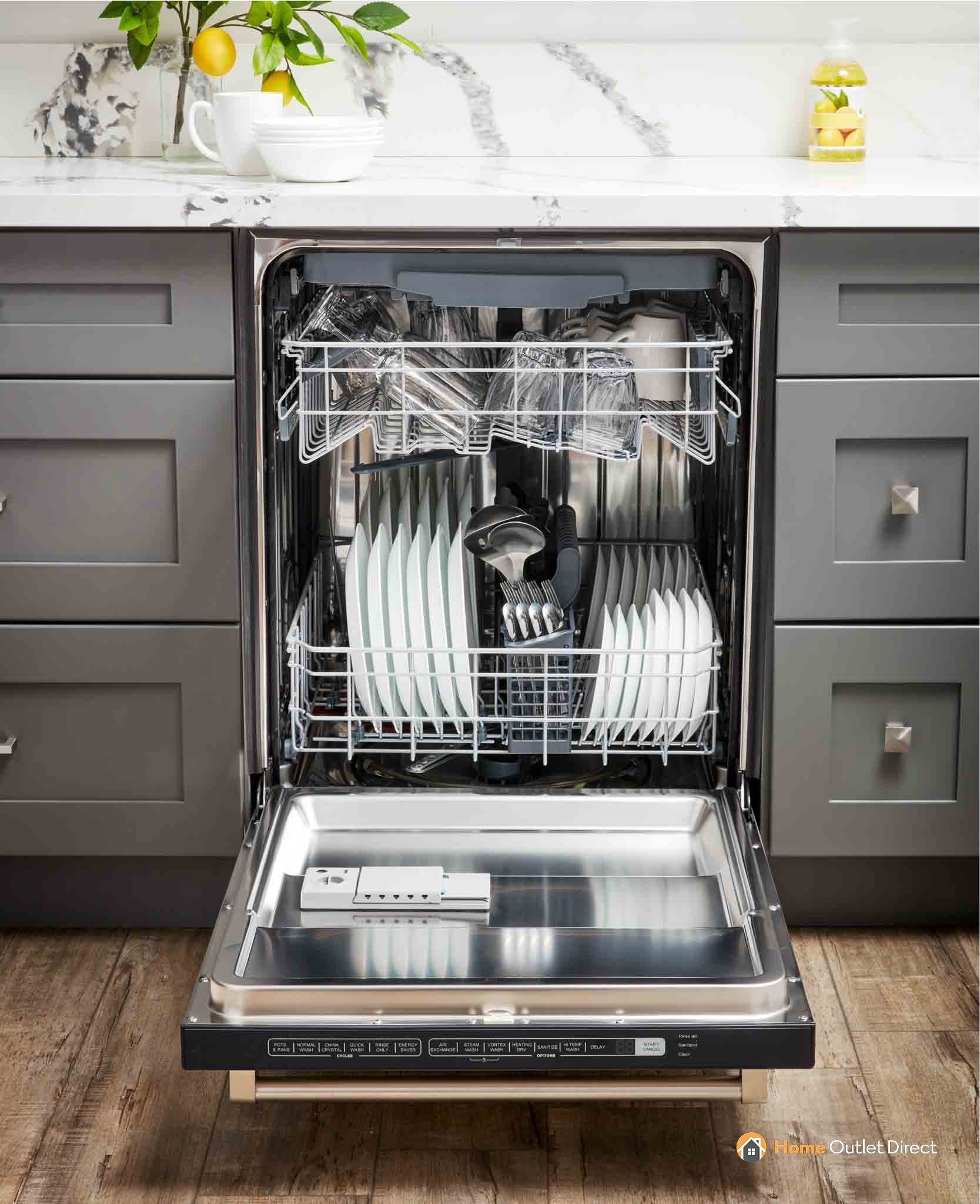 Open built-in dishwasher showing upper and lower racks with dishware