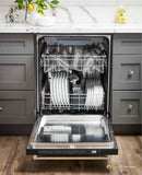 Built-in dishwasher open, stainless tub with top and bottom racks loaded