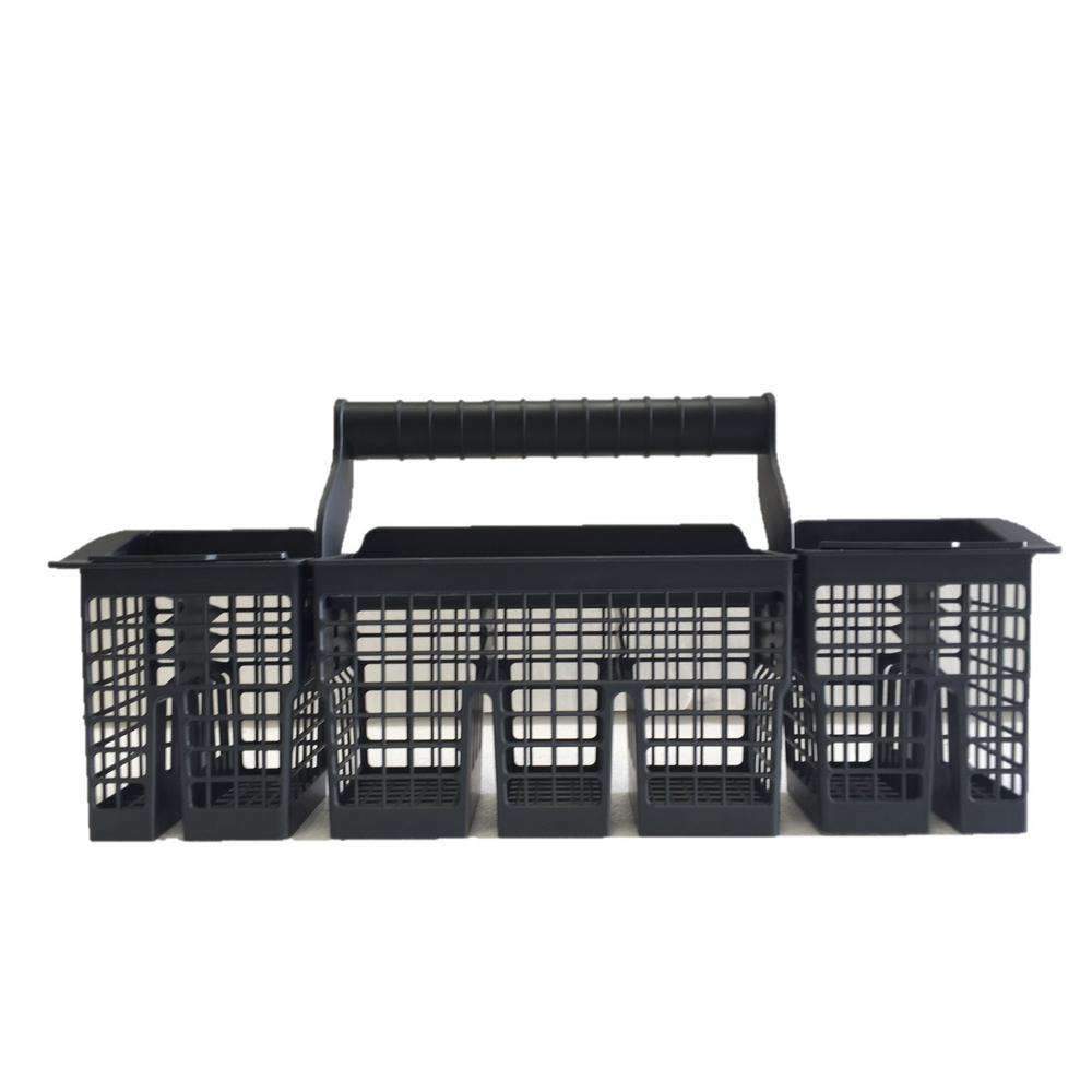Black dishwasher rack organizer with foldable handle for loading utensils.