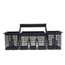 Black dishwasher rack organizer with foldable handle for loading utensils.