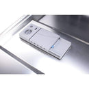 Stainless dishwasher interior with removable dispenser and lid compartment on tub floor
