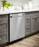 Stainless steel built-in top control dishwasher, front view with THOR logo