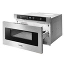 Stainless microwave drawer with black window and control panel, drawer open