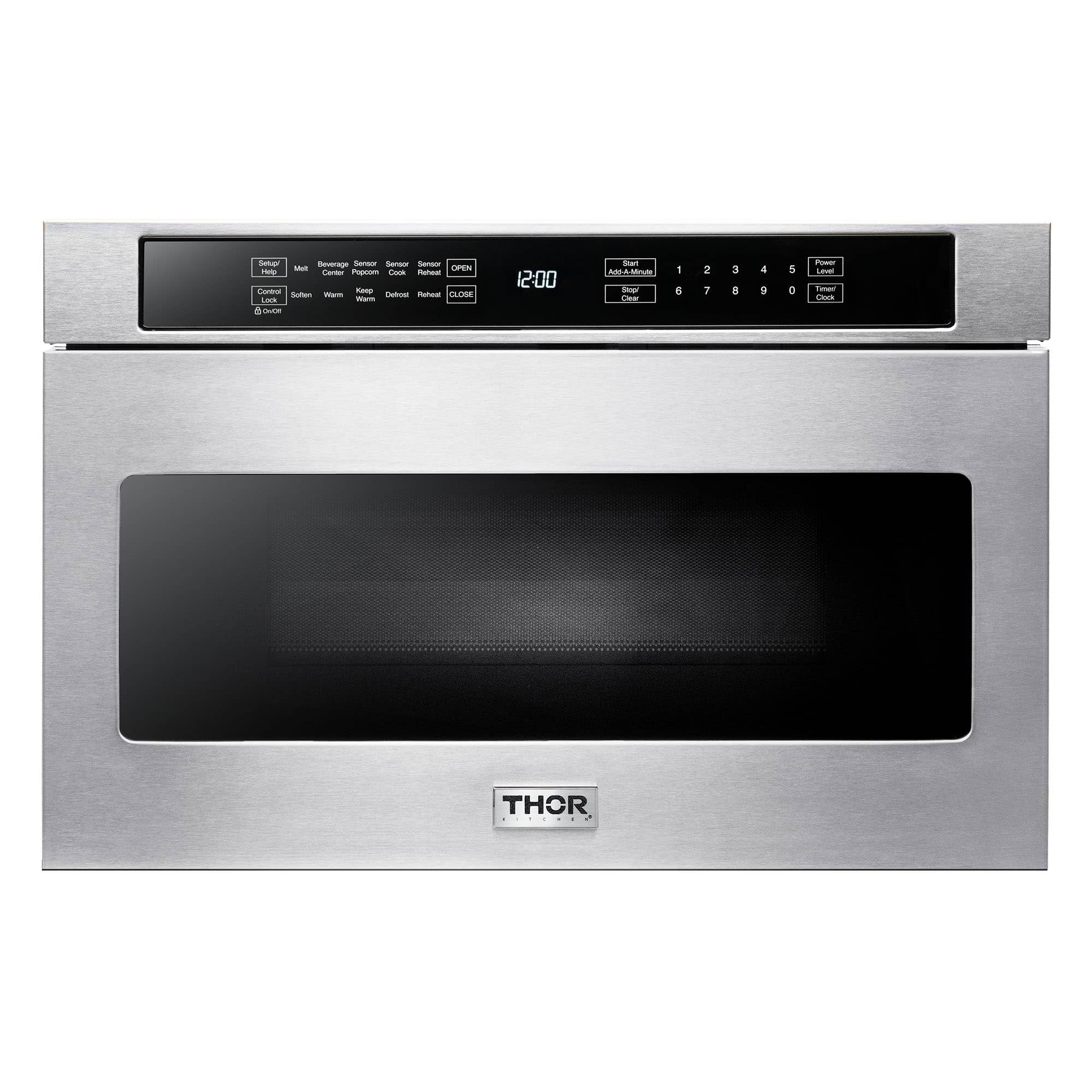 Stainless microwave drawer front with black window and digital display control