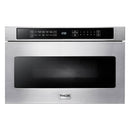 Stainless microwave drawer front with black window and digital display control