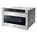 Stainless microwave drawer with black window and control panel, angled view