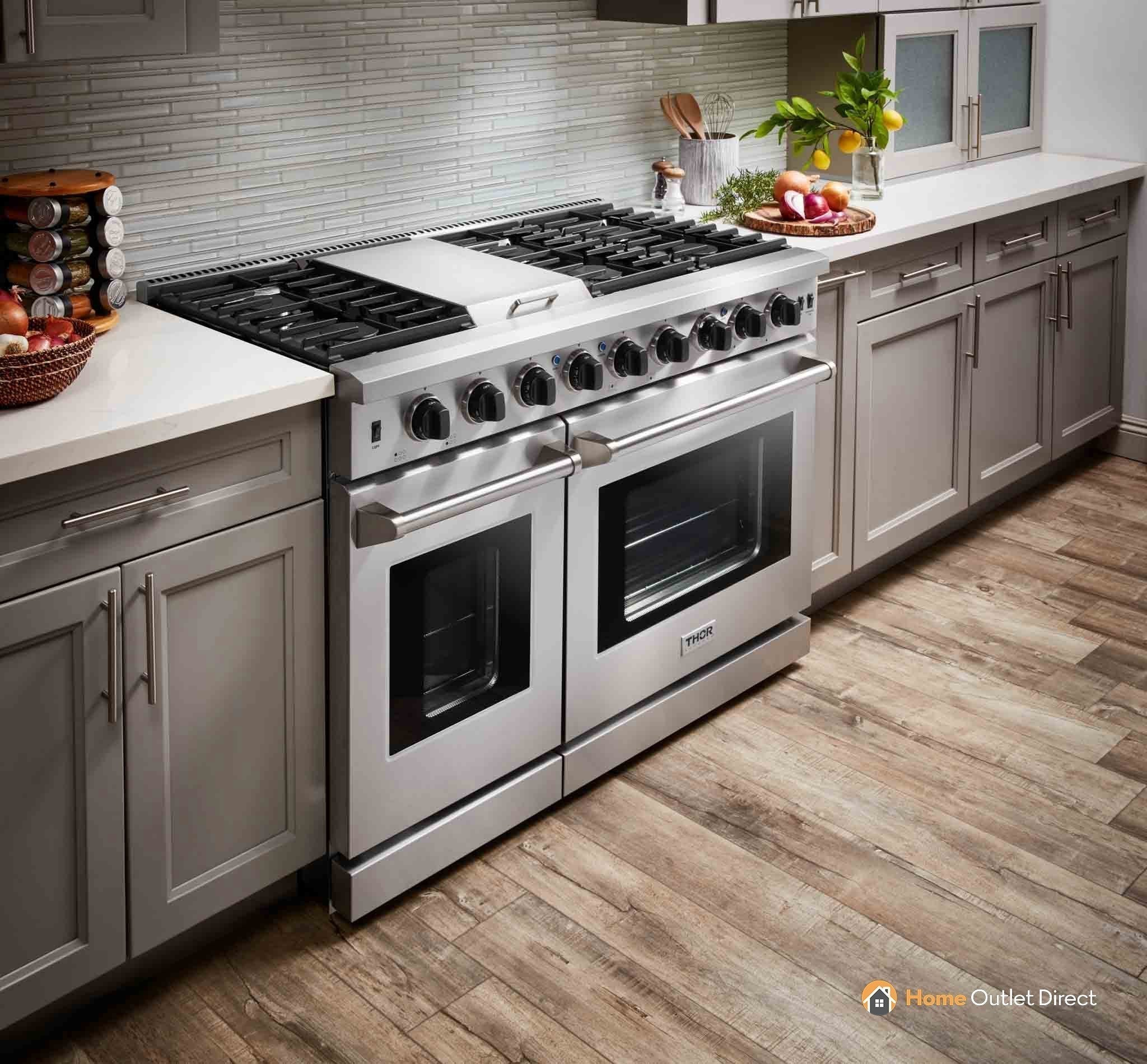 Stainless steel 48-in propane range with six burners and oven doors.