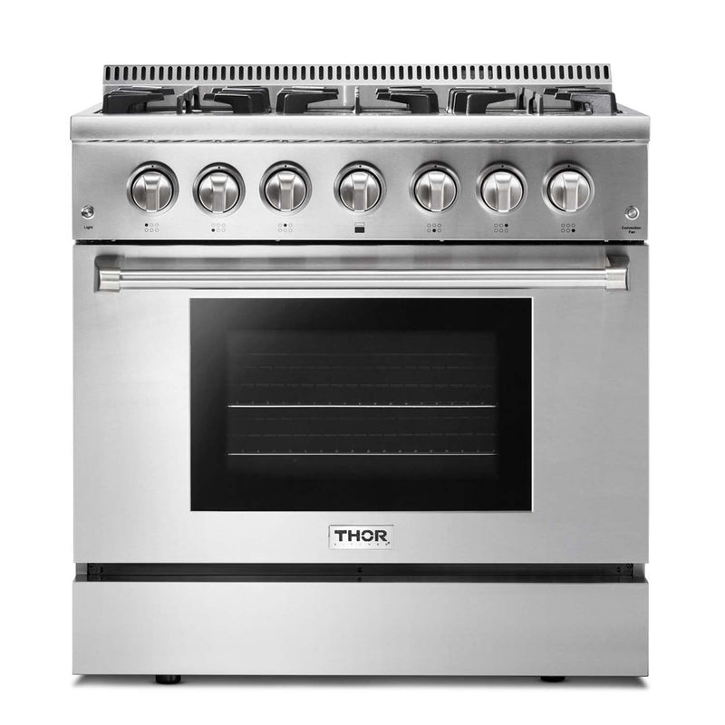 Thor Kitchen 3-Piece Pro Appliance Package - 36-Inch Dual Fuel Range with Propane Gas Cooktop , Dishwasher & Refrigerator with Water Dispenser in Stainless Steel