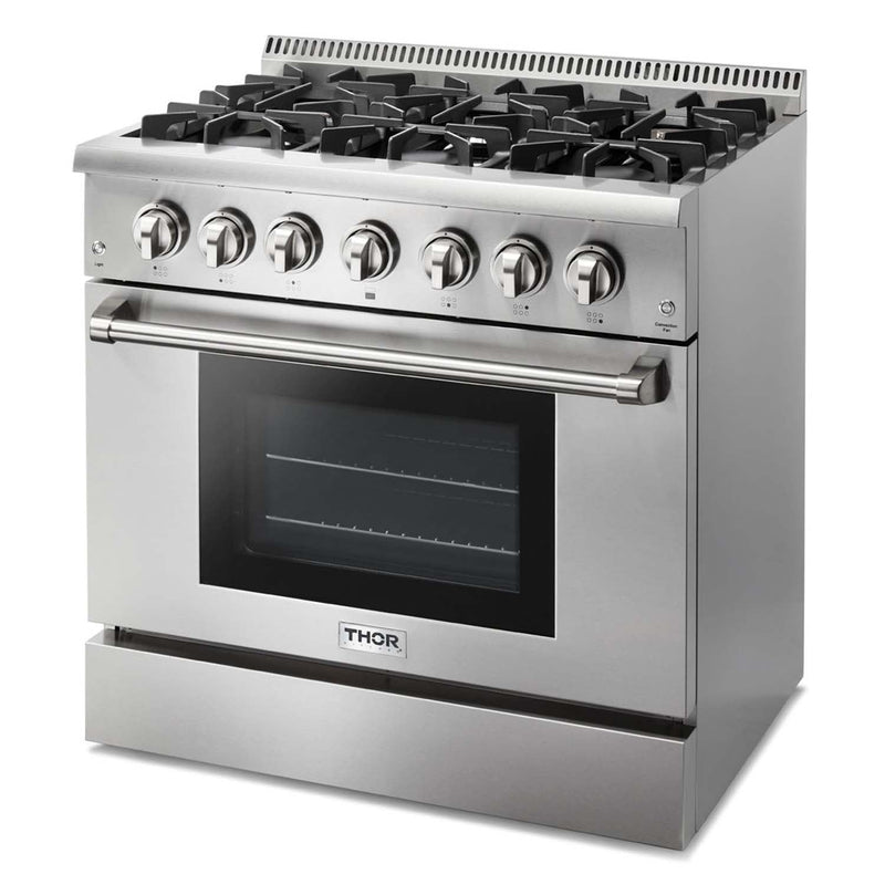 Thor Kitchen 3-Piece Pro Appliance Package - 36-Inch Dual Fuel Range with Propane Gas Cooktop , Dishwasher & Refrigerator with Water Dispenser in Stainless Steel