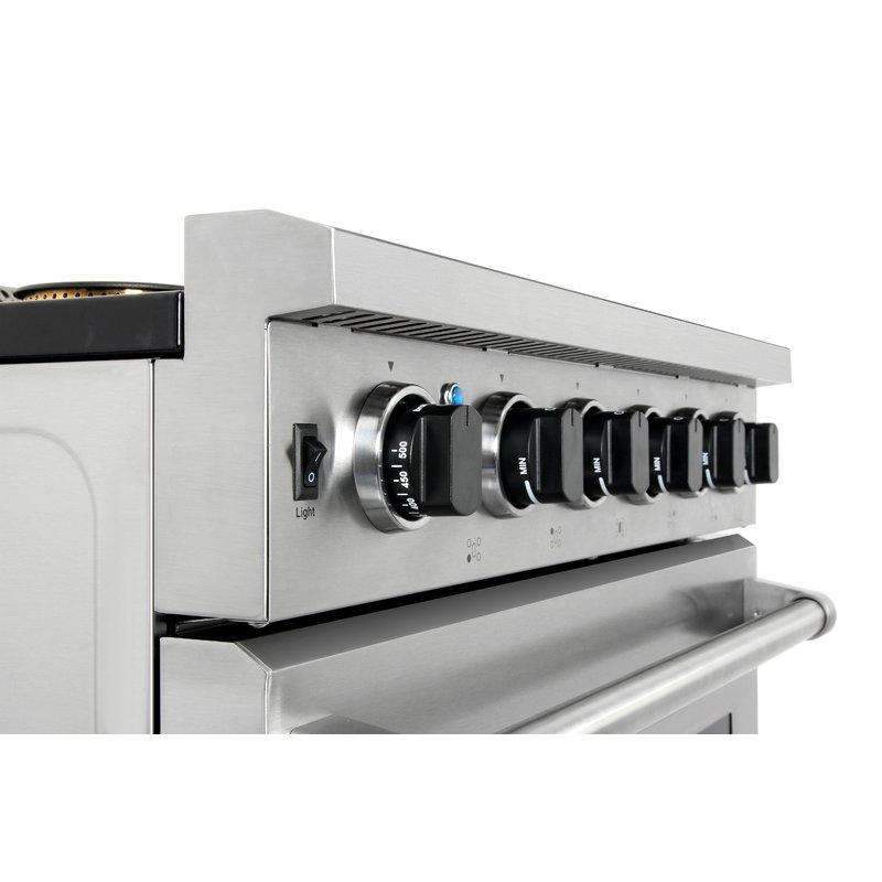 Stainless steel gas range control panel with six knobs and ignition switch