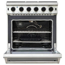 Stainless steel gas oven with open door, racks, and burner igniter