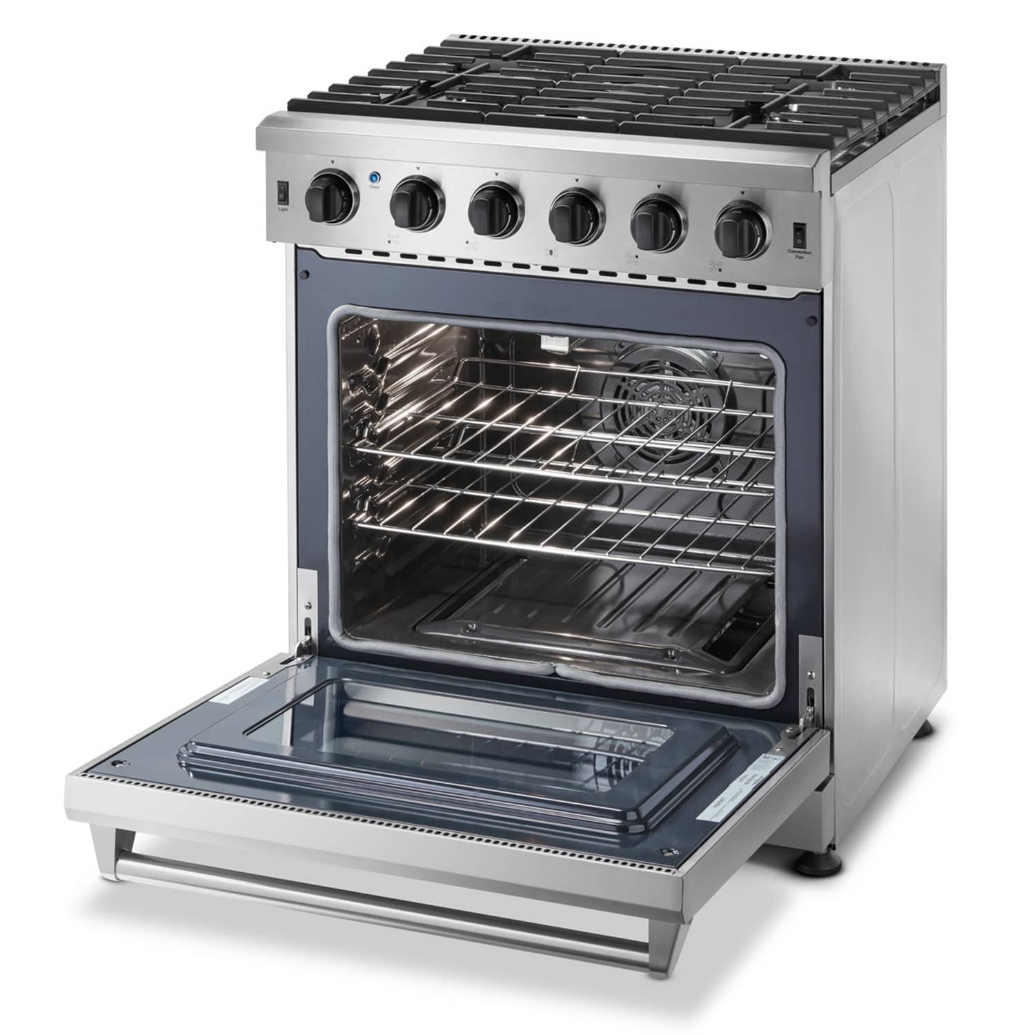 Stainless steel gas range with open oven door and wire oven racks