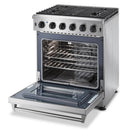 Stainless steel gas range with open oven door and wire oven racks
