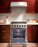 Stainless steel gas range with open oven door showing interior racks and baking area