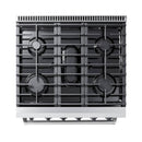 Stainless steel gas range rear burner grates with four cast-iron burner caps
