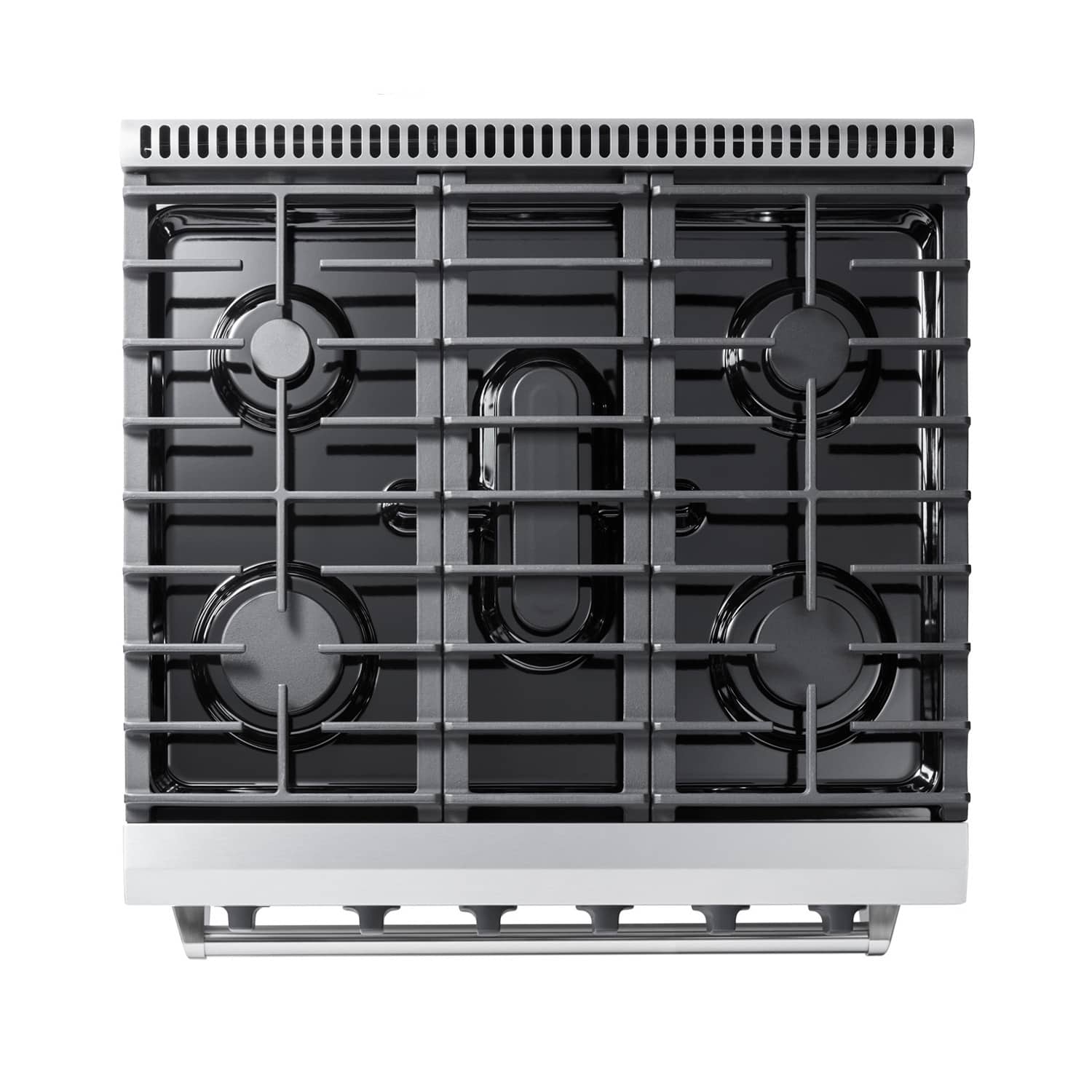 Stainless steel gas range rear burner grates with four cast-iron burner caps