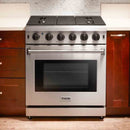 Stainless steel gas range with six burners, control knobs, and closed oven door