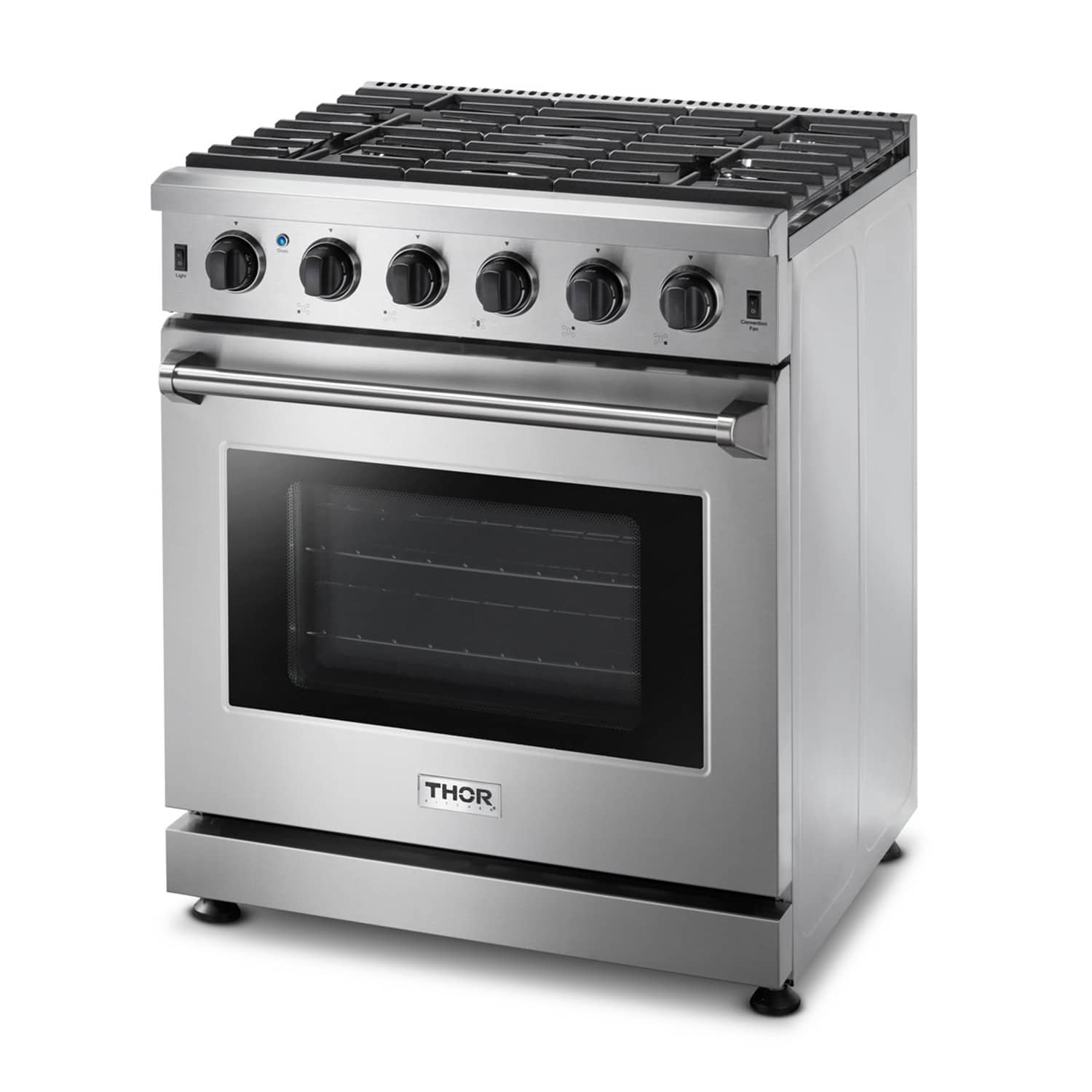 Stainless steel 5-burner gas range with oven window and control knobs
