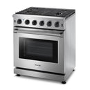 Stainless steel 5-burner gas range with oven window and control knobs